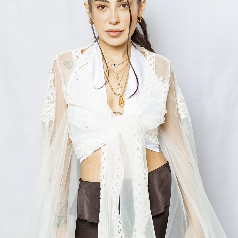 White Swarovski Hand Embellished Tie Top Fits S/M